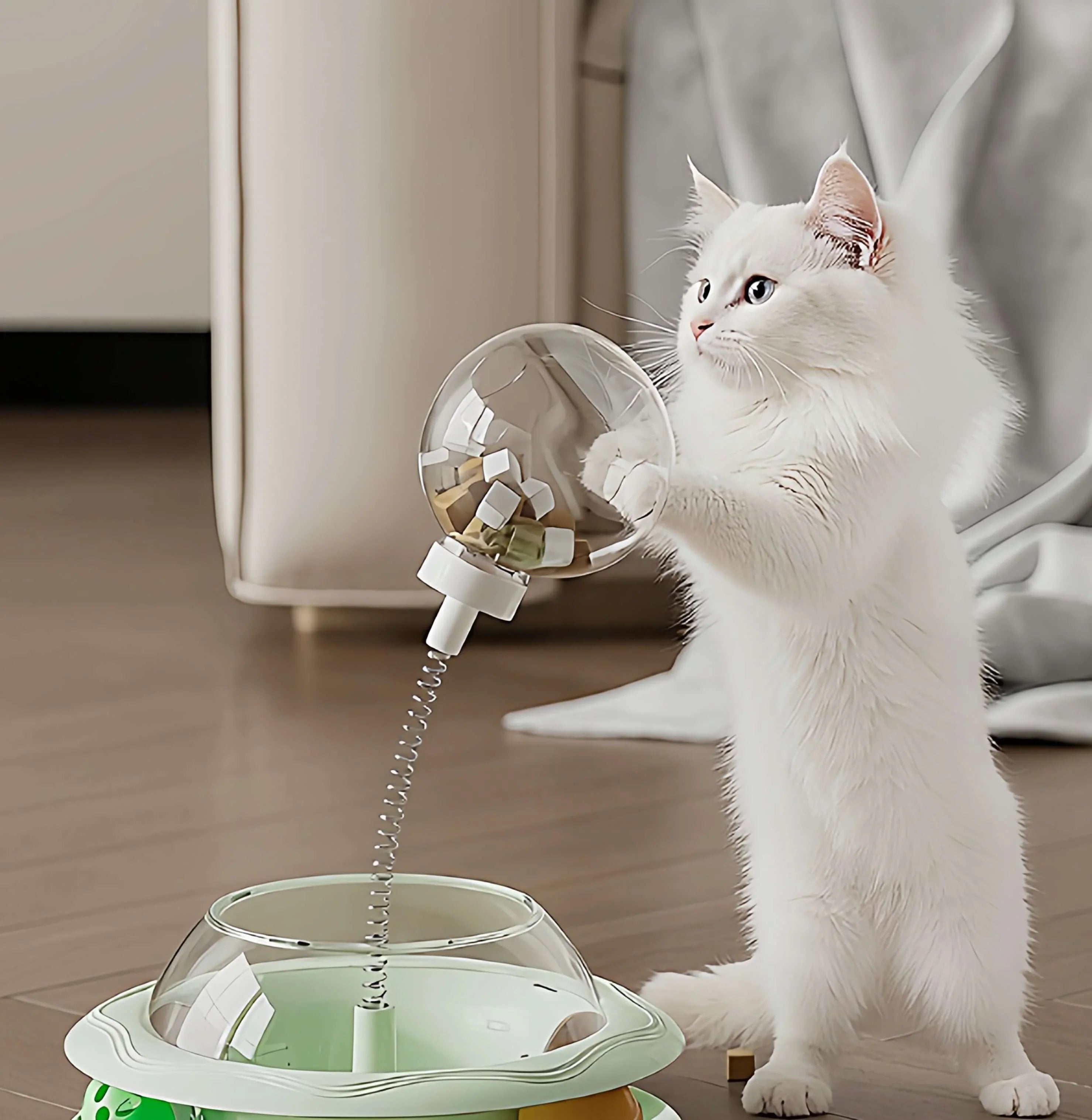 Interactive Cat Treat Dispenser Toy – 3-in-1 Cat Teaser Wand, Spinning Turntable & Food Puzzle Ball-PETROOM
