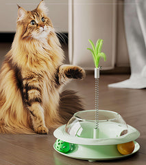Interactive Cat Treat Dispenser Toy – 3-in-1 Cat Teaser Wand, Spinning Turntable & Food Puzzle Ball-PETROOM