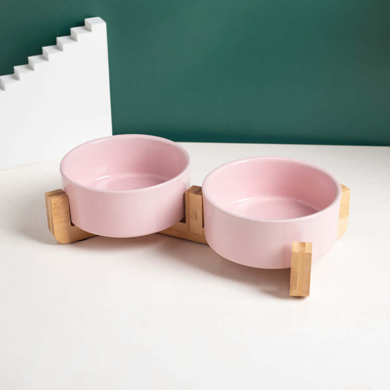 Petroom Ceramic Dog & Cat Bowls with Wooden Stand – Non-Slip Elevated Food & Water Feeder-Petroom