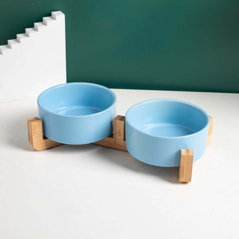 Petroom Ceramic Dog & Cat Bowls with Wooden Stand – Non-Slip Elevated Food & Water Feeder-Petroom