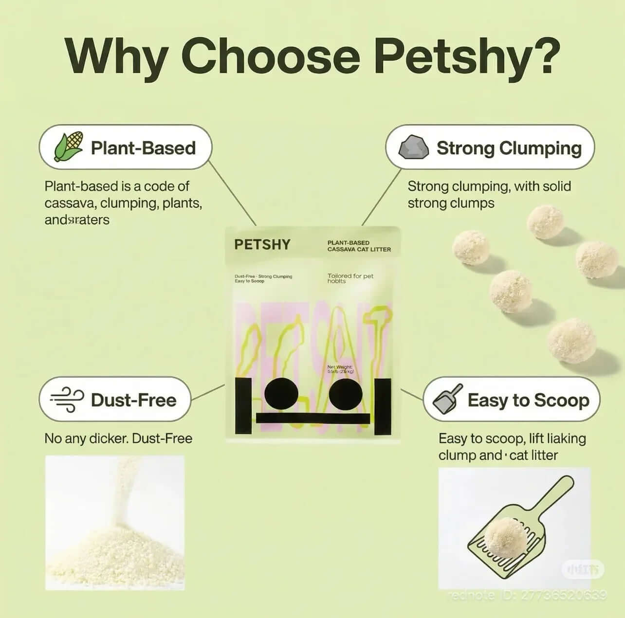 Petshy plant-based cassava cat litter: dust-free, strong clumping, easy to scoop for cats