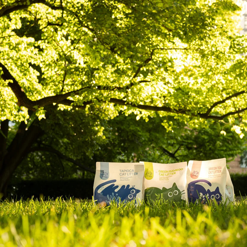 Three bags of cat litter on grass with trees in the background