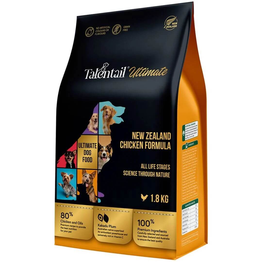 Talentail Ultimate New Zealand Chicken Dry Dog Food 5kg package featuring all life stages formula and premium ingredients.
