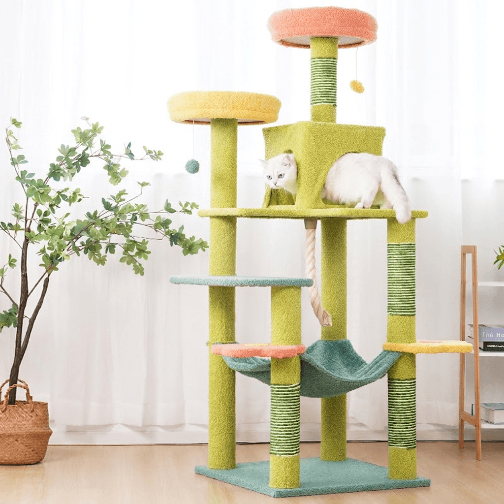 Tall Cat Tree Multi-Level Aesthetic Cat Tower with Sisal Posts 154cm featuring a cat resting and playing on multiple levels.