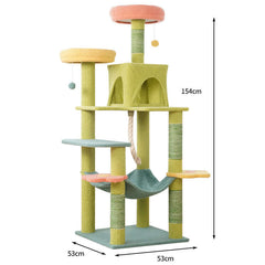 Tall Cat Tree Multi-Level Aesthetic Cat Tower with Sisal Posts 154cm featuring colorful perches, scratching posts, and a hammock.