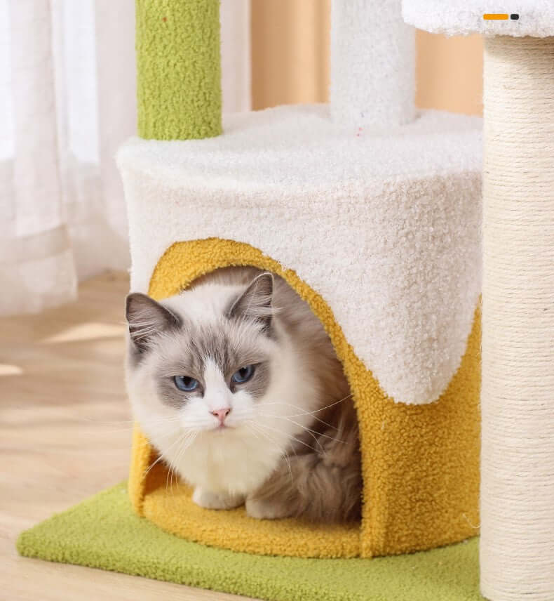 Tall Ice Cream Shape Cat Tree Multi-Level Aesthetic Cat Tower 110cm with a cat sitting inside.