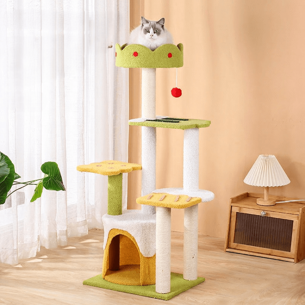 Tall Ice Cream Shape Cat Tree Multi-Level Aesthetic Cat Tower 110cm featuring a playful design with a cat resting on top.