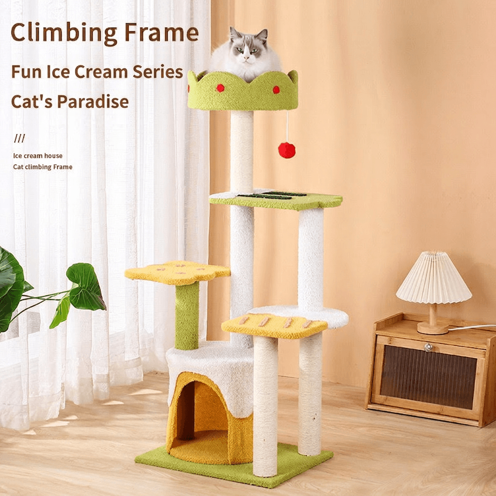 Tall Ice Cream Shape Cat Tree Multi-Level Aesthetic Cat Tower 110cm featuring playful levels and a cozy design.