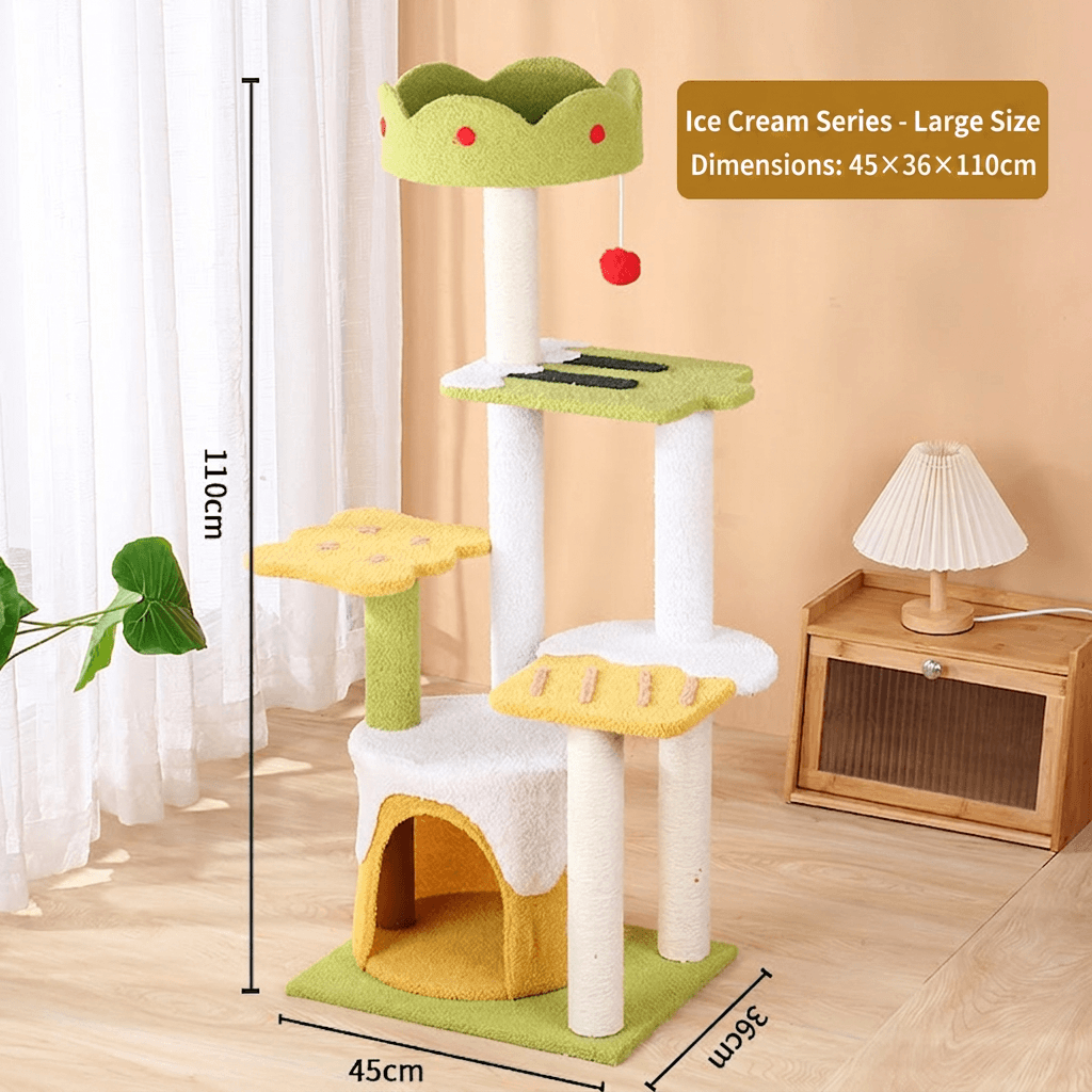 Tall Ice Cream Shape Cat Tree Multi-Level Aesthetic Cat Tower 110cm with whimsical design, features multiple levels and cozy hideaway.