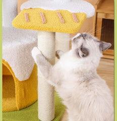 Tall Ice Cream Shape Cat Tree Multi-Level Aesthetic Cat Tower 110cm cat playing on colorful scratching post details.