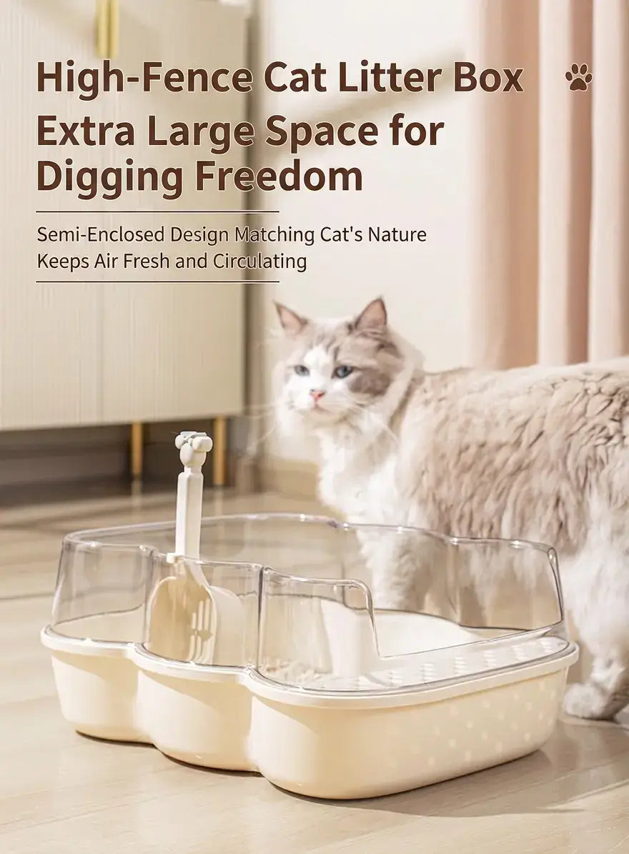 Transparent Semi-Enclosed Large Cat Litter Tray with Scoop, designed for big cats with splash guards and airflow.