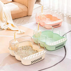 Transparent Semi-Enclosed Large Cat Litter Tray with Scoop in three colors, showcasing spacious design and included scoop.