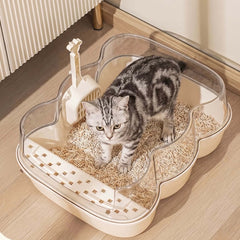 Transparent Semi-Enclosed Large Cat Litter Tray with Scoop with a cat inside, showcasing its spacious design and clear walls.