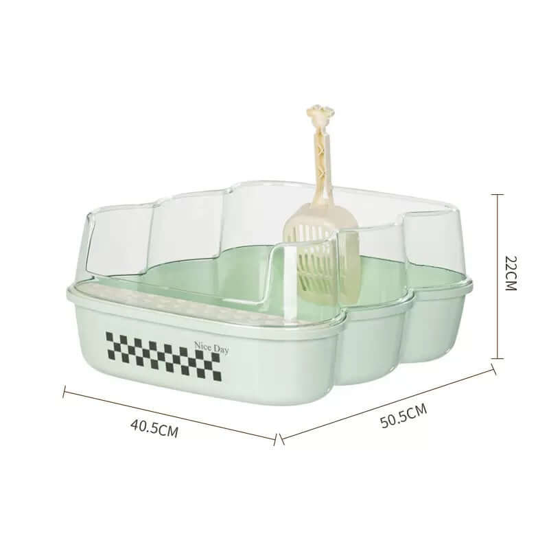 Transparent Semi-Enclosed Large Cat Litter Tray with Scoop featuring clear walls and ample interior space.