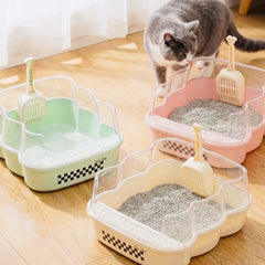 Transparent Semi-Enclosed Large Cat Litter Tray with Scoop in multiple colors, featuring a cat and scoops for easy cleaning.