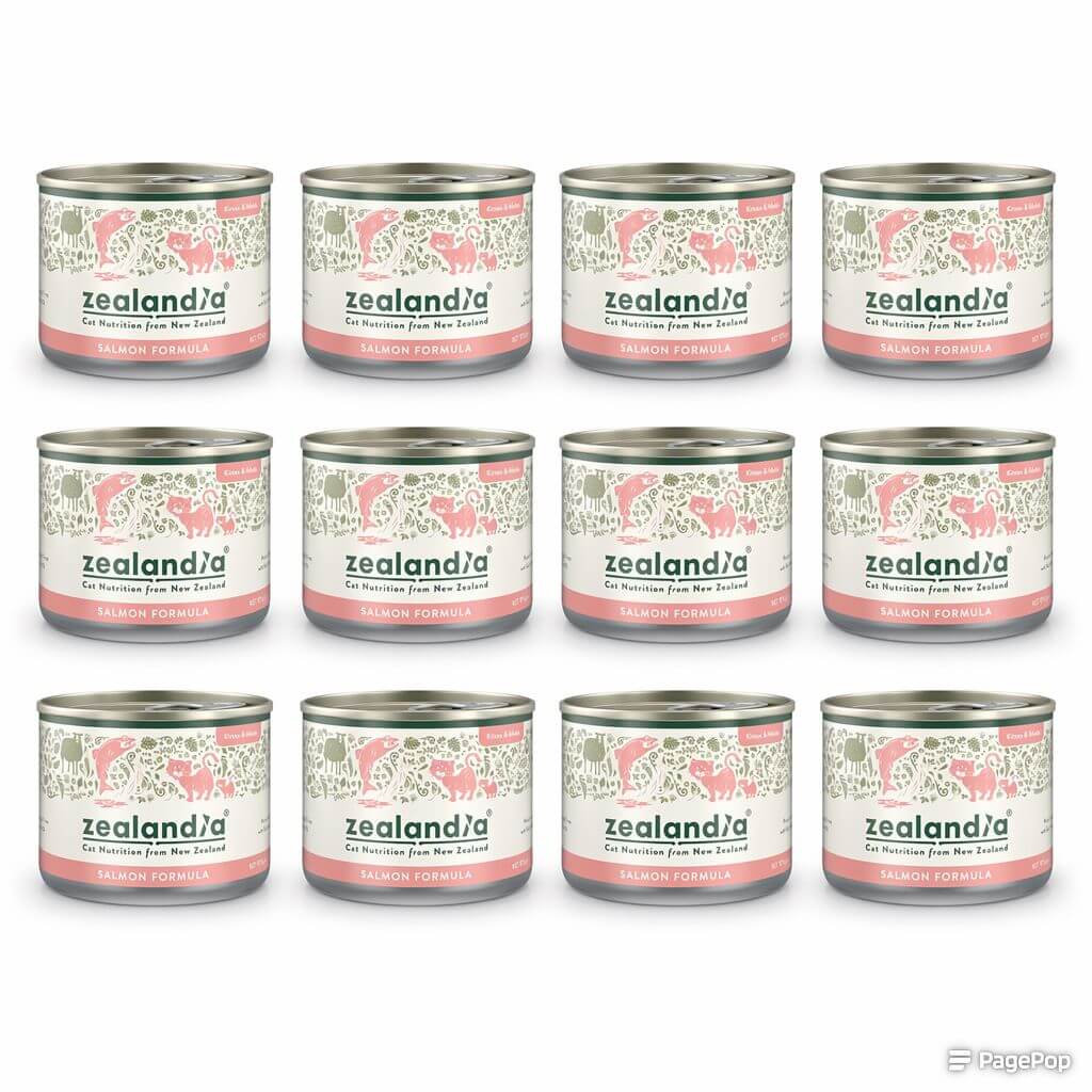 Zealandia Mousse Pate Salmon for Kitten & Mama - Grain-Free Wet Cat Food in 12 cans, featuring New Zealand Salmon formula.