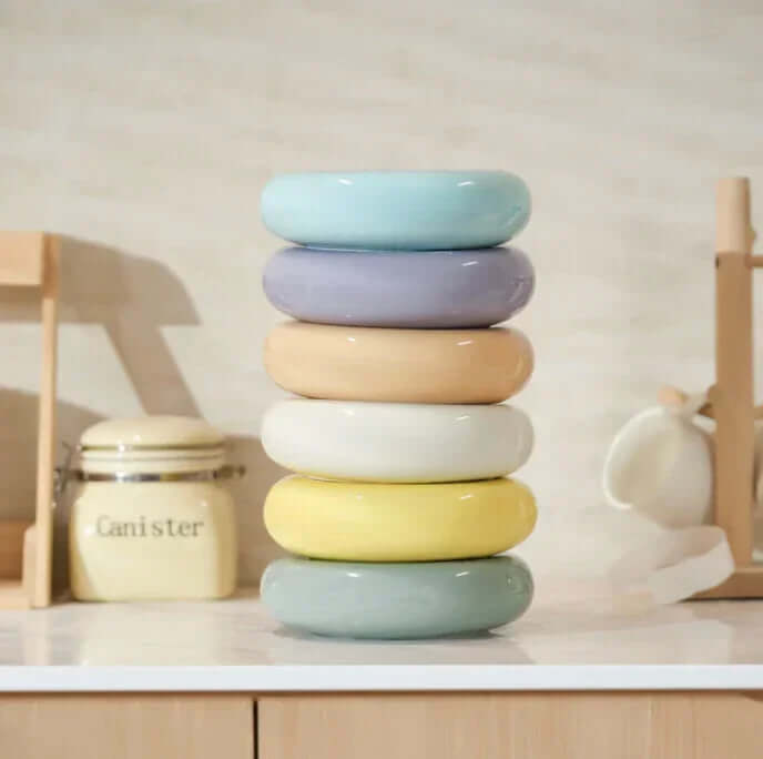 Michu Ceramic Cat Bagel Bowl – Anti-Whisker Wide Shallow Pet Food Bowl Rainbow Colours stacked in vibrant colors.