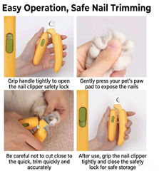 Yellow pet nail clippers with safety lock for cats and dogs, demonstrating easy, safe trimming steps