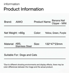 AIWO Banana Nail Clipper MINI for dogs and cats, ABS & stainless steel, 60g, yellow green purple options
