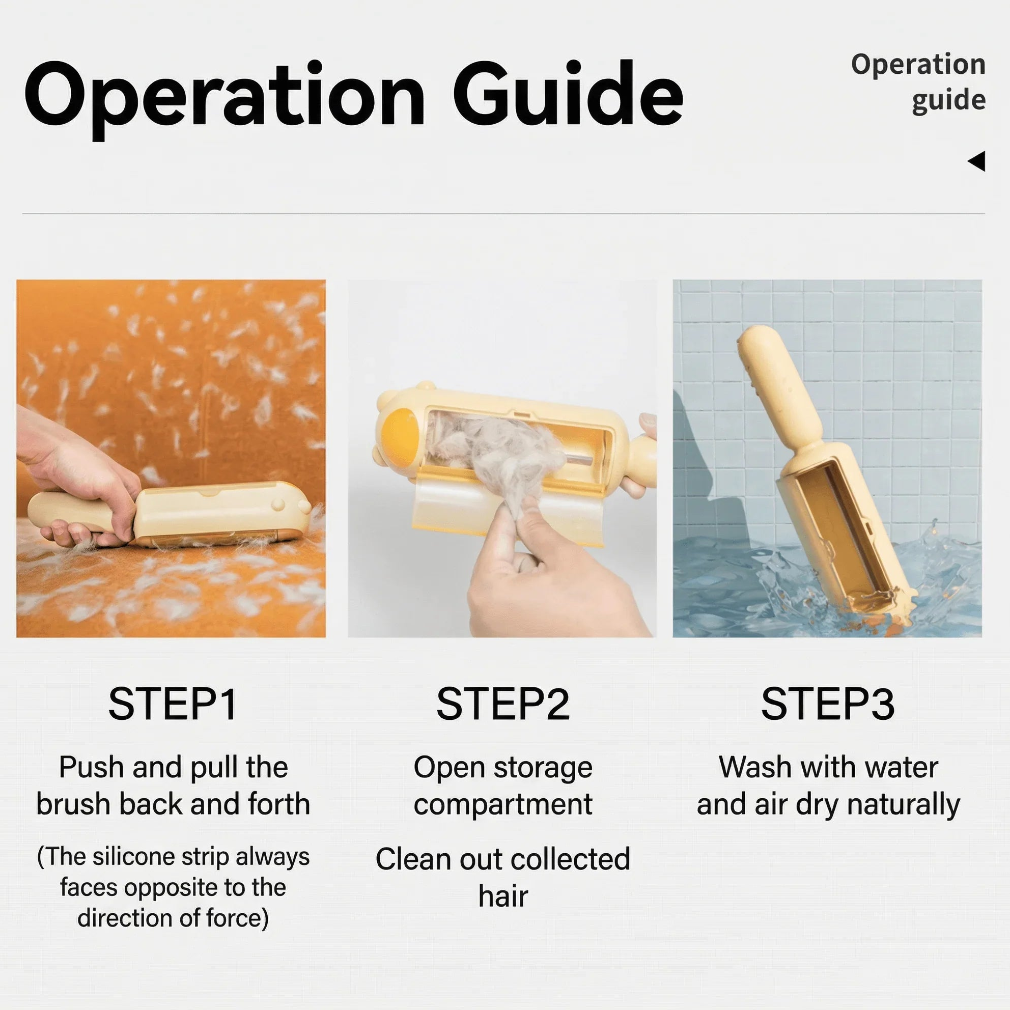 Operation guide for AIWO Pet Hair Remover Static Lint Brush with step-by-step instructions for effective use.