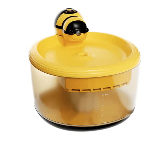 AIWO Wireless Pet Water Fountain - Bee Series Gen 2 in yellow with a transparent bowl and a cute bee design on top.