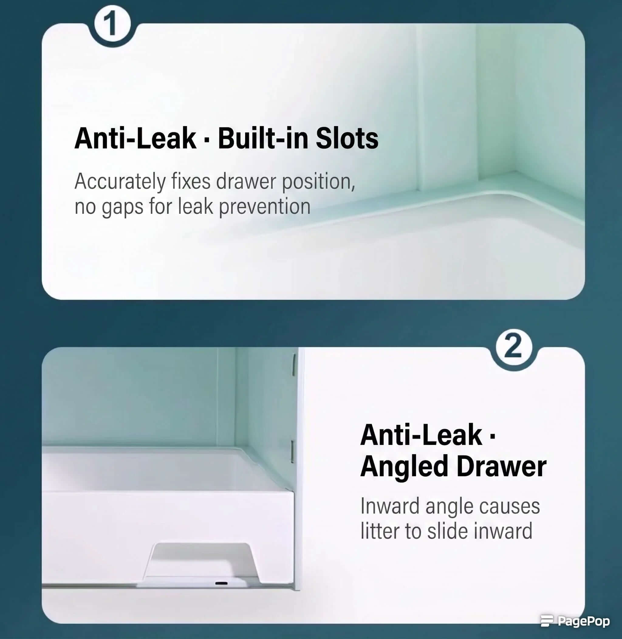Anti-leak cat litter box with built-in slots and angled drawer for mess-free use
