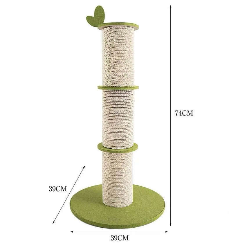 Bamboo Corrugated Cardboard Cat Scratching Post with green base, three tiers for cats, 74CM tall, 39CM wide.