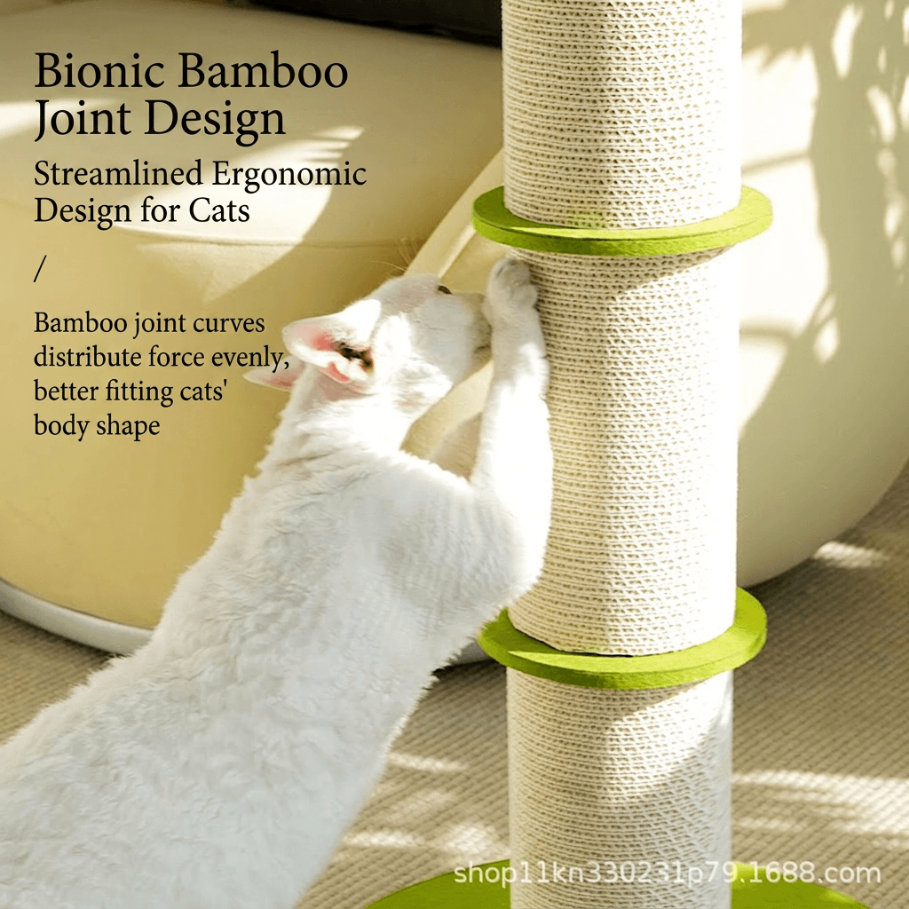 Bamboo Corrugated Cardboard Cat Scratching Post with ergonomic joint design for cats, showcasing a cat scratching the post.