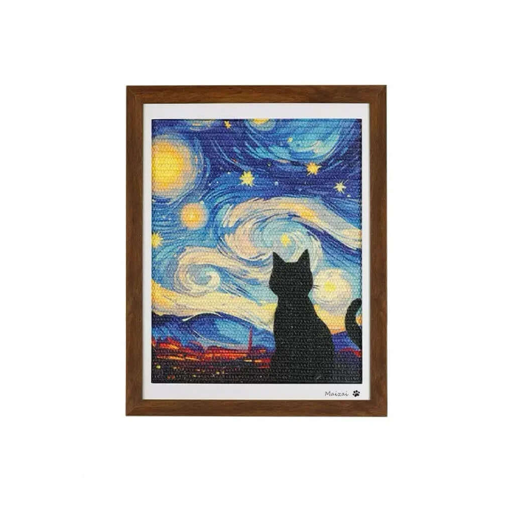 Framed cat art print with starry night design, stylish pet decor for home