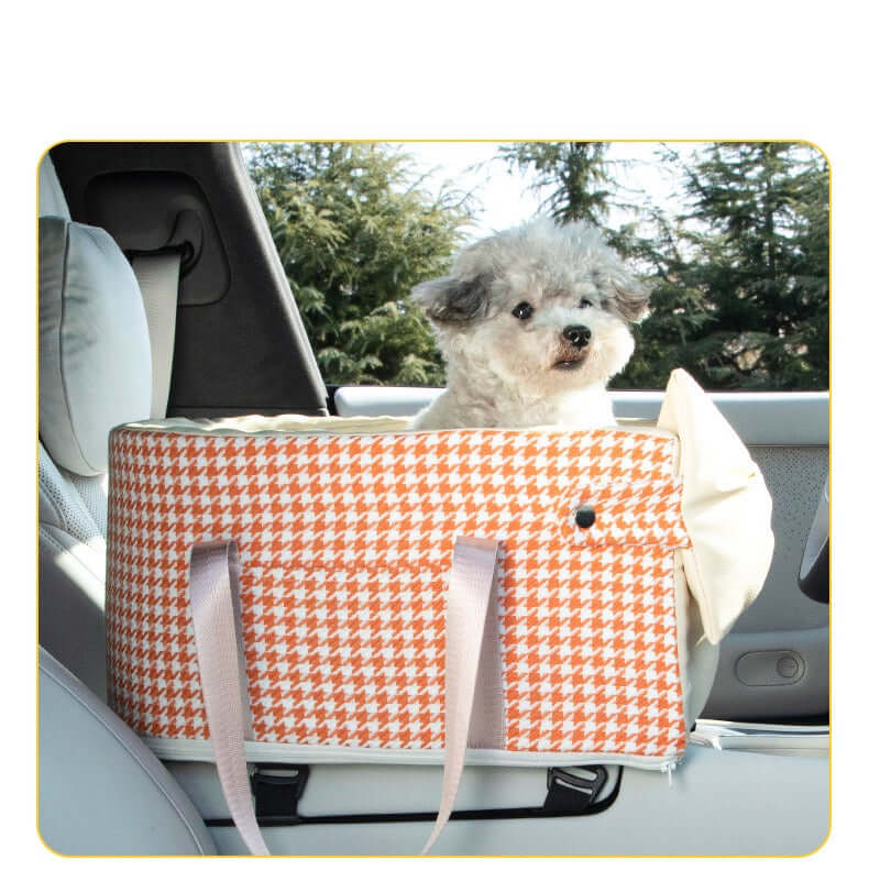 Centre Console Dog Car Seat with Safety Leash & Bow Pillow for comfortable pet travel in car.