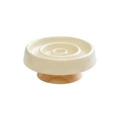 Cream ceramic slow feeder bowl with wooden base for dogs and cats