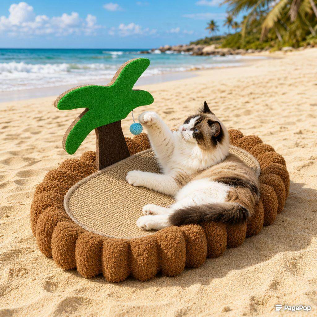 Cat playing on palm tree scratcher bed at beach, stylish pet supplies for cats
