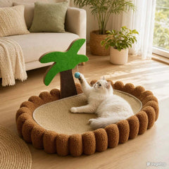 Fluffy white cat playing with palm tree scratcher in cozy living room
