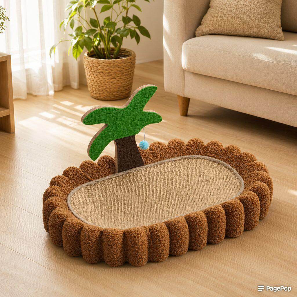 Cat scratcher bed with palm tree toy, cozy pet lounge for cats, stylish indoor cat furniture
