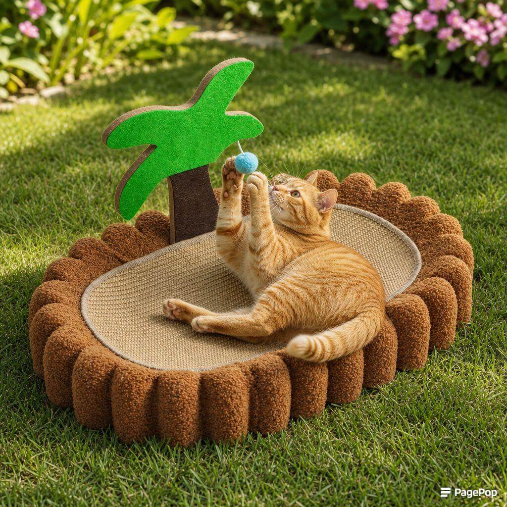 Orange tabby cat playing on palm tree scratcher bed outdoors
