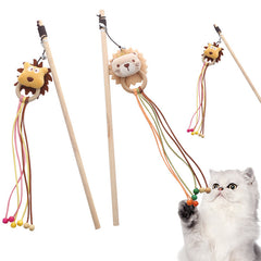 Indie-Style Wooden Cat Teaser Wand Cat Toy – Bear & Lion Design
