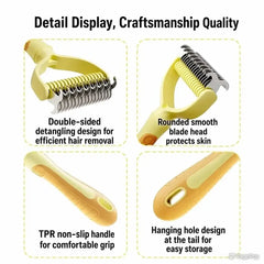 Double-sided pet grooming brush with TPR non-slip handle, rounded blades, and hanging hole for easy storage