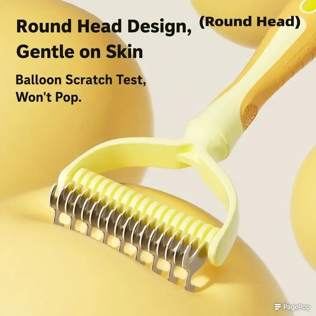 Gentle pet grooming brush with round head design, safe for cat and dog fur, won't pop balloons