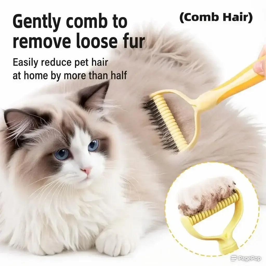 Yellow pet grooming comb removing loose fur from fluffy cat, reduces shedding at home