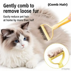 Yellow pet grooming comb removing loose fur from fluffy cat, reduces shedding at home