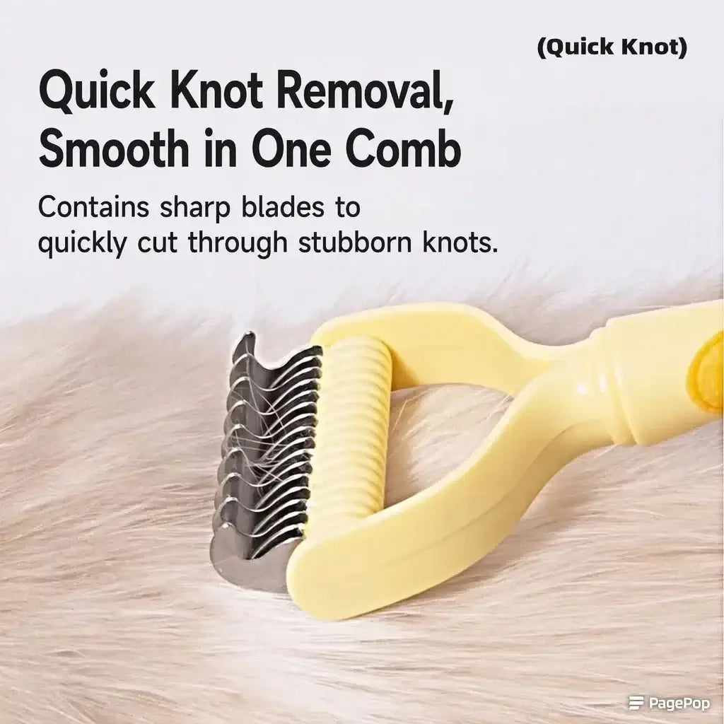 Yellow pet grooming comb with sharp blades for quick knot removal on dog or cat fur