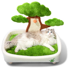 Cat lying on a green-themed pet bed with a tree decoration