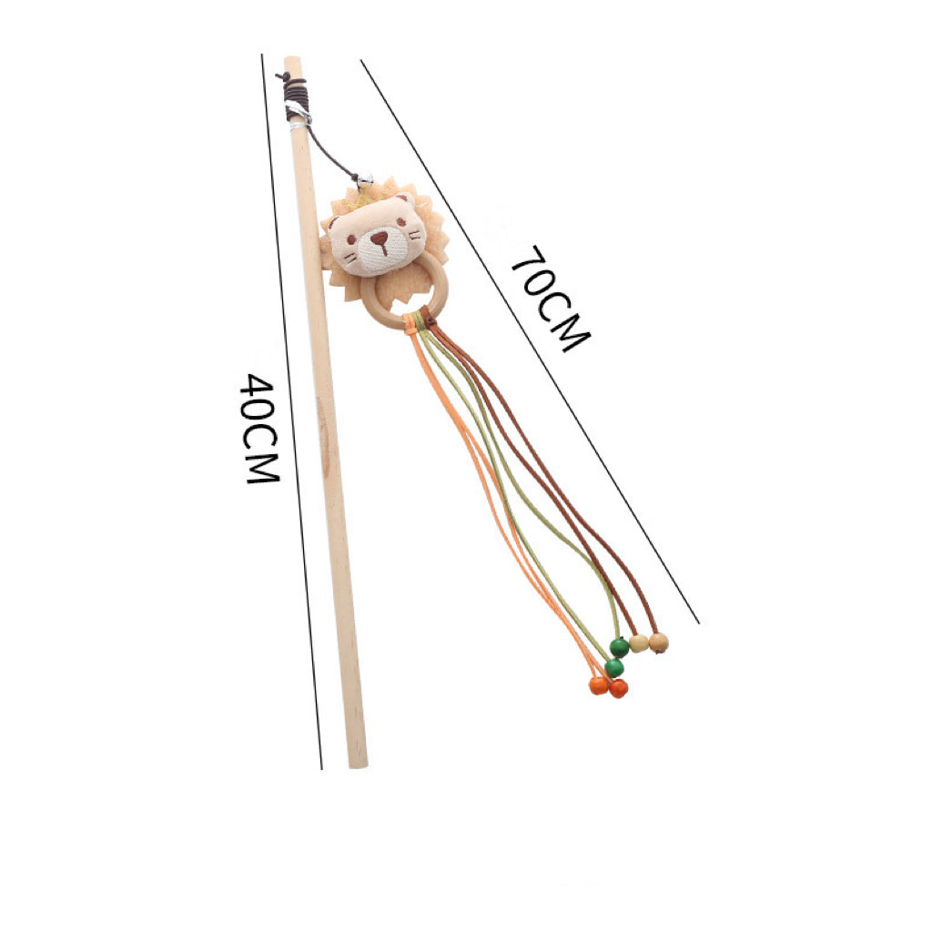 Indie-Style Wooden Cat Teaser Wand Cat Toy – Bear & Lion Design