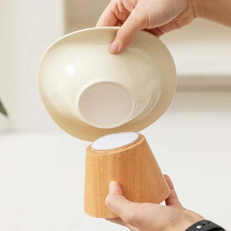 Ceramic pet bowl with non-slip silicone base and wooden stand for cats and dogs