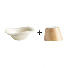 Cream ceramic pet bowl with wooden stand base, stylish dog or cat feeding set