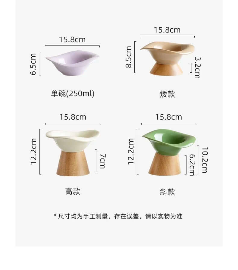 Stylish ceramic pet bowls in purple, beige, white, green with wooden bases, various heights for cats and dogs