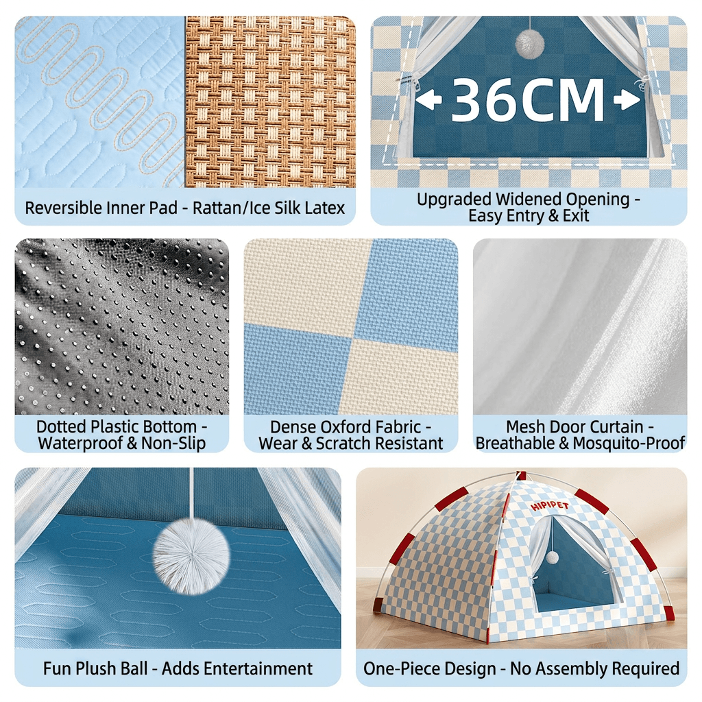 Foldable Indoor Cat & Dog Tent with Cooling Mat 58×58cm features waterproof materials and breathable mesh curtain.