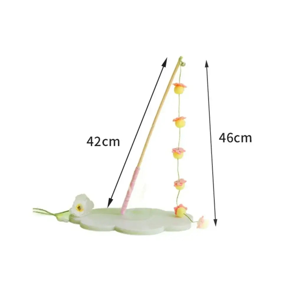 Flower-themed cat toy with wand and dangling pom-poms, 46cm tall, for interactive pet play