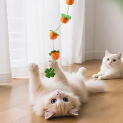 Fluffy white cat playing with orange felt fruit cat toy on wooden floor, another cat watching nearby