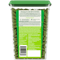 GREENIES Dental Oven Roasted Cat Treats Catnip Flavor 277g packaging showing the yummy cat treats and feeding instructions.